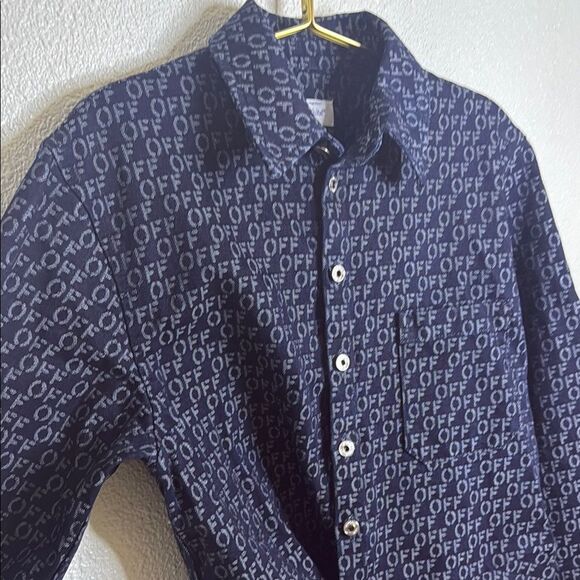 NWT- OFF-WHITE Navy Button-Up Shirt with Patterned logo Print- size 38 (Size 2) - Picture 5 of 16